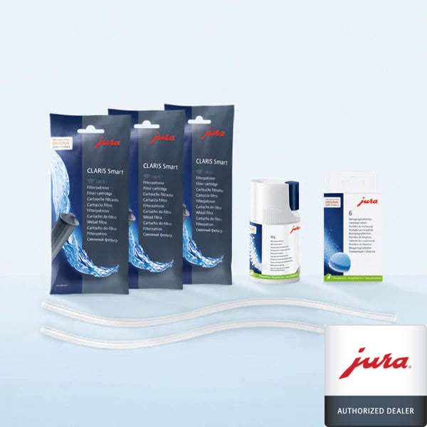 JURA Care Kit Includes: (3) Claris Smart Filters (1) 3-phase cleaning tablets (6 pack) (1) 90g Milk system cleaning tabs (2) Milk pipes