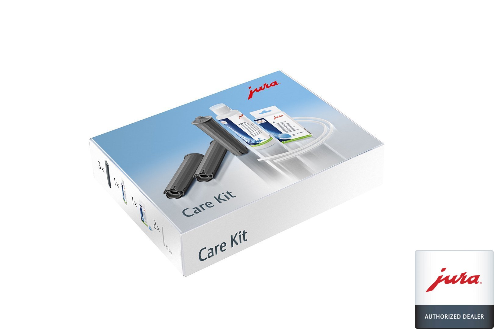 JURA Smart Care Kit Includes:  3 – Claris Smart Filter 1-6pk Cleaning Tablets Art. 62715 1-250ml milk frother cleaner Art. 63821 2 – silicone cappuccino hose